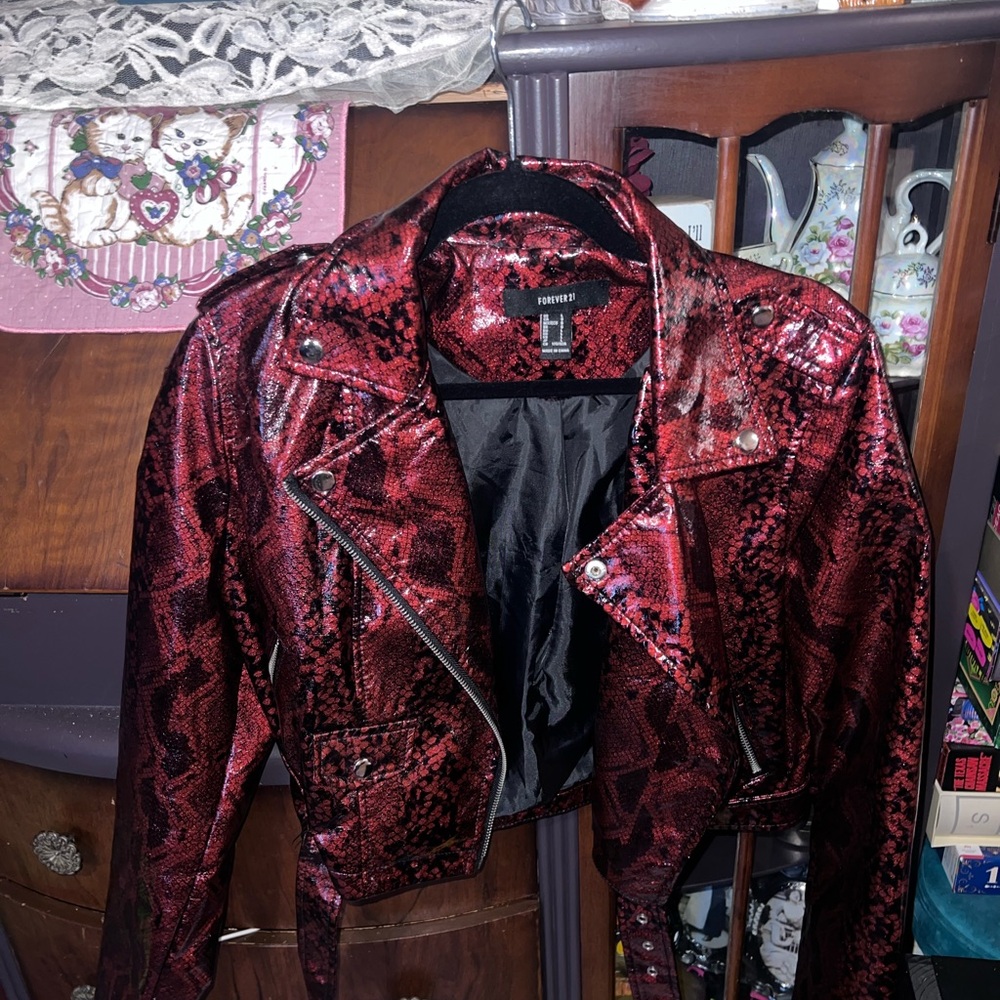 Forever 21 Red Snake Print Faux Leather Jacket